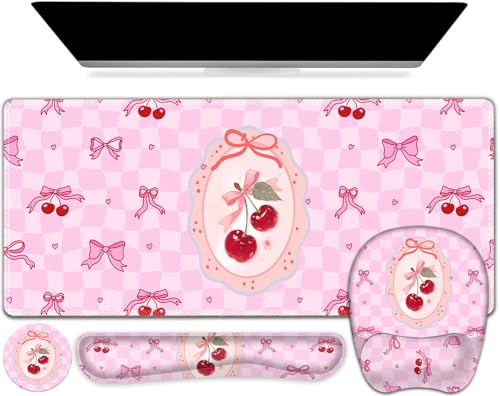 Cute Check Mouse Pad with Wrist Support 4 in1 Set, XXL Big Game Mousepad + Keyboard Wrist Rest + Mouse Wrist Rest Pad +Coaster Gaming Mat for Work Study Home Office I Pink Cherry & Bow Dream - color: Pink Cherry & Bow Dream