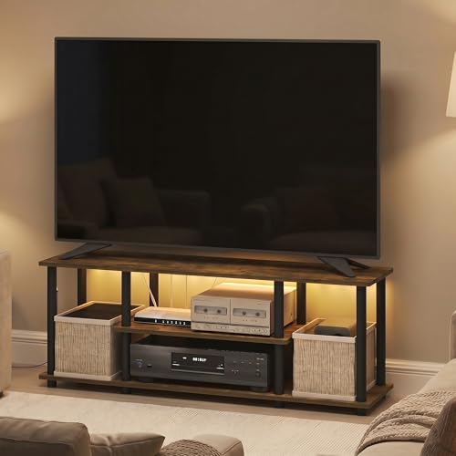 Furinno Turn-N-Tube TV Stand with LED Lights, 3-Tier No Tools 3D Entertainment Center, TV Console for TV up to 50 Inch, for Living Room, Bedroom, Amber Pine - color: Amber Pine/Black, size: 3 tier 50"LED