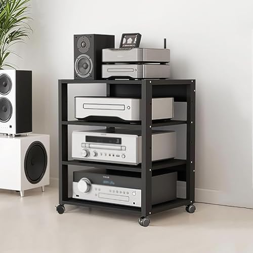 4 Tier Audio Rack Tower, CD Record Player Stereo Receiver AV Equipment Cabinet Display Rack, Weight Capacity 661 lbs, with Adjustable Wooden Shelves for Home (4 Tier Black) - size: 4 Tier Black