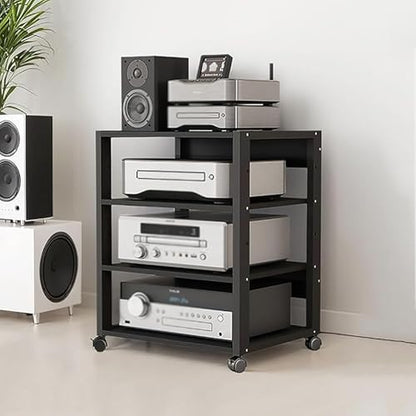 4 Tier Audio Rack Tower, CD Record Player Stereo Receiver AV Equipment Cabinet Display Rack, Weight Capacity 661 lbs, with Adjustable Wooden Shelves for Home (4 Tier Black) - size: 4 Tier Black