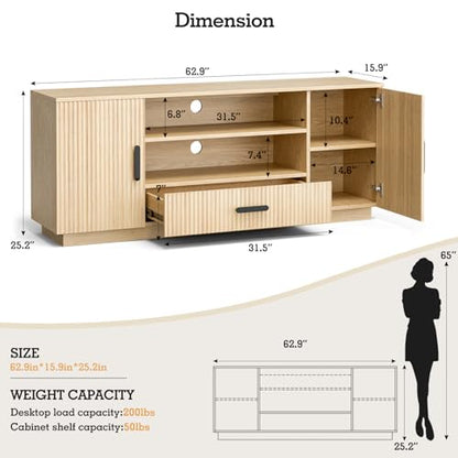 LCRBOL TV Stand for up to 70" TV, Mid-Century Entertainment Center, Natural | 63"W x 15.4"D x 25"H, 2 fluted cabinets, 1 drawer & open shelves, top holds 200 lbs, cable management, ~90 min assembly - color: Beige