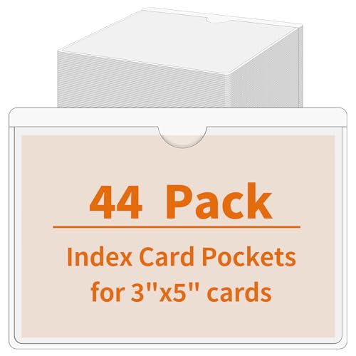 44 Pack Labels for Storage Bins, 3×5 Inches Index Card Holder Organizer, Clear Adhesive Pockets, Plastic Label Holders for Tote Library Card Bins Box Drawer Classroom Organization - size: 3×5 inch