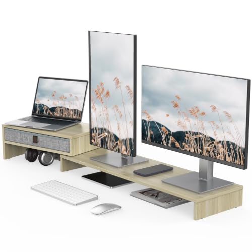 Fenge Computer Monitor Riser Stand with Drawer for 2 or 3 Monitors ,Adjustable Length and Angle Desktop Laptop Stand,Office Organizer,Printer,Oak - color: Oak