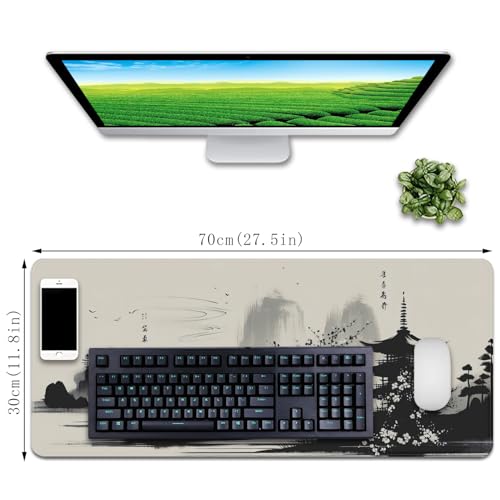 Cherry Blossom Mouse Pad Desk Mat Japanese Computer Pad (27.5X11.8 in) | Non-slip base, high-density smooth surface with no stuttering,Washable and colorfast,suitable for office, study, and gaming - color: ink wash cherry blossom