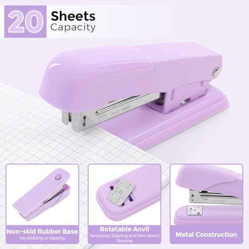 SKYDUE Purple Office Supplies Set, Purple Office Desk Accessories 10PCS, Pencil Holder for Desk, Stapler, Tape Dispenser, Scissors, Ruler, Binder/Paper Clips and 1000pcs Staples,Desk Supplies Set - color: Purple