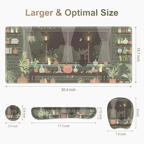 Aesthetics Large Mouse Pad with Wrist Support 4 in1 Set, XXL Big Game Mousepad + Keyboard Wrist Rest + Mouse Wrist Rest Pad +Coaster Gaming Mat for Home Office Computer I Green Plants and Black Cat - color: Green Plants Black Cat
