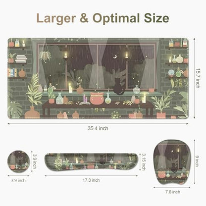 Aesthetics Large Mouse Pad with Wrist Support 4 in1 Set, XXL Big Game Mousepad + Keyboard Wrist Rest + Mouse Wrist Rest Pad +Coaster Gaming Mat for Home Office Computer I Green Plants and Black Cat - color: Green Plants Black Cat