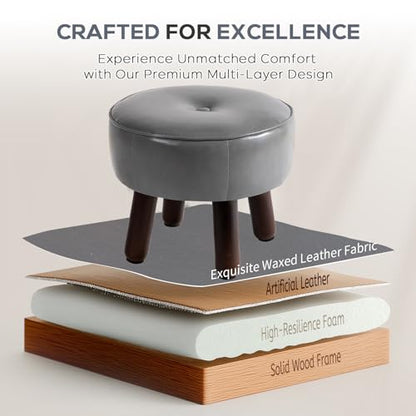 oakvivo Ottoman, Small Foot Stool, Round Leather Pouf Ottoman, 13''L x 13''W x 10.2''H Foot Rest with Non-Skid Rubber Legs for Living Room Bedroom Couch Entryway, Grey - color: Grey