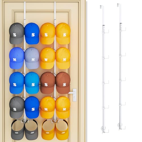 SWTYMIKI Over Door Hat Organizer - 2 Packs Metal Wall Mounted Hat Rack with 5-Tier Dual Hooks Design, Hanging Baseball Cap Organizer Storage Holds up to 40 Caps for Door, Bedroom, Closet(White) - color: White, style: Double Hook