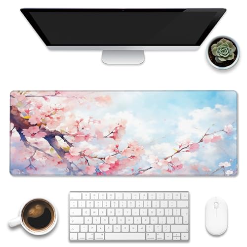Large Gaming Mouse Pad for Desk,Cherry Blossom Tree Desk Mat for Desktop,Watercolor Floral Desk Pad, Extended Big Computer Keyboard Mouse Pad with Non-Slip Base Stitched Edges 31.5"x11.8" - color: Cherry Blossom Tree, size: XL-31.5"x11.8"