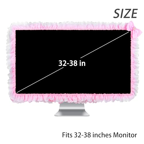 Cute Pink Lace 32"-38" Computer Monitor Screen Dust Cover with Bowknot | Lovely Pink Bow | Lace Trim | Adjustable Elastic Band - color: Pink & White Point