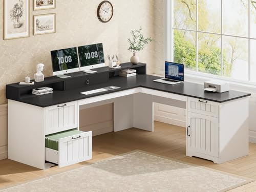 SEDETA 63" L Shaped Desk with Drawers, Farmhouse Office Desk with File Drawers, Wood Corner Computer Desk with Storage, Home Office Desk with Monitor Stand and Storage Cabinet, Black and White - color: Black and White, size: L Shaped Desk (63")