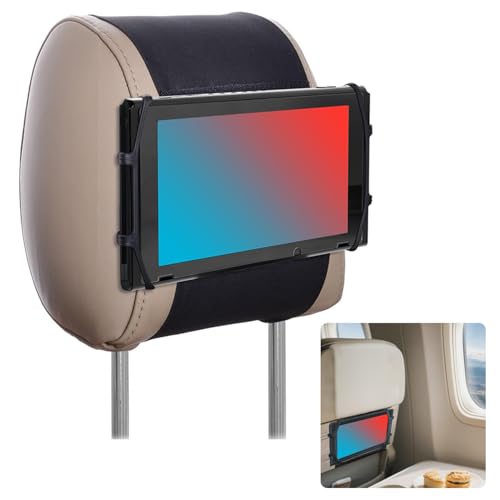 Car Headrest Mount Holder for Nintendo Switch 2& 1, Rotatable Silicone Net Holder Compatible with Mini Tablets(7''–10.5''), Secure Travel Gaming Stand for Car or Airplane Use