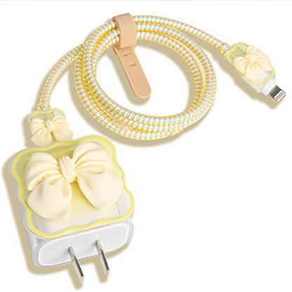Compatible with iPhone 18W/20W USB-C Charger Cover Cute 3D Bow Tie Design Clear Soft Charger Protector Kawaii Cable Saver for iPhone 11 12 13 14 Pro Max Fast Power Adapter, Beige 2 (5in1) - color: Beige 2 (5 in 1)