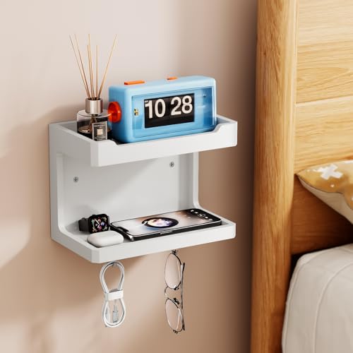 NiHome Large Wall Mounted Wooden Bedside Organizer, Double Storage Shelves & Magnetic Hooks, Solid Wood Bedside Shelf for Phone Glasses Remote Keys, Space-Saving Wall Rack for Bedroom RV Dorm (White) - color: White, size: Large