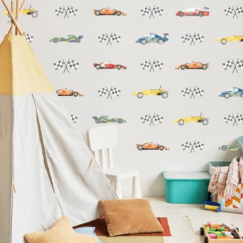 JarThenaAMCS 8 Sheets Race Car Wall Stickers Watercolor Racing Theme Vehicle Flag Wall Decals for Home Nursery Kids Room Bedroom Playroom Classroom Party DIY Decoration, 9.8 x 13.7 inch