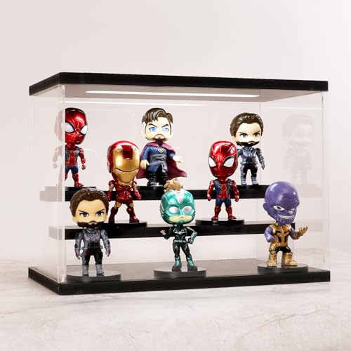 Clear Acrylic Display Case with Light , 3 Tier Display Box Stand Assembly Dustproof Protection Showcase for Collectibles Action Figures (Black 12.6×7×9in; 32×18×23cm) - color: Black With Light, size: 3 Tier 12.6×7×9in；32×18×23cm