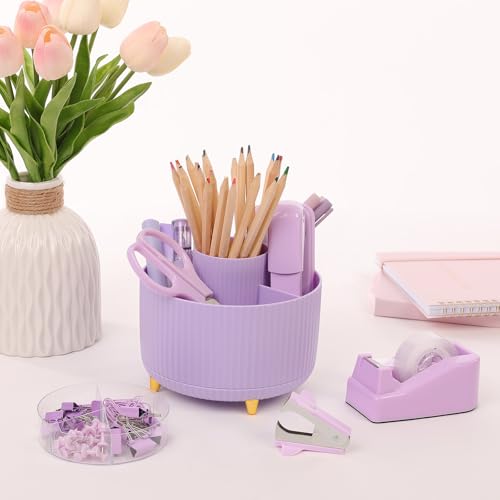 SKYDUE Purple Office Supplies Set, Purple Office Desk Accessories 10PCS, Pencil Holder for Desk, Stapler, Tape Dispenser, Scissors, Ruler, Binder/Paper Clips and 1000pcs Staples,Desk Supplies Set - color: Purple