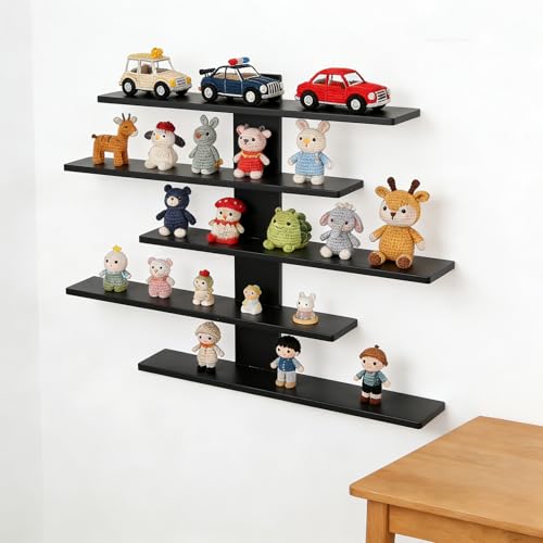 5-Tier Floating Wall Shelves Space-Saving Wall Mounted Storage Shelf Minimalist Decor & Display Rack for Anime Figurines Dolls Small Plants Statues Wall Organizer for Bedroom Living Room (Black)