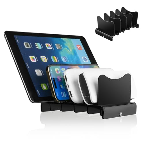 Acrylic Multi Device Organizer Stand Base for Portable Charger Power Banks, 4 Slots Desktop Storage Holder Compatible with USB Battery Pack, Phones and Tablets (Stand Only) - Black