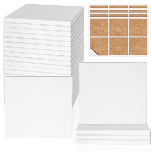 Ceramic Tiles for Crafts, GOH DODD 24 PCS Unglazed Blank Coasters with 24 PCS Cork Backings for Painting, Alcohol Ink, Acrylic Pouring, Decoupage, Arts, DIY Craft Gifts, Square, 4 Inch, White - color: Square, size: 24 Pieces