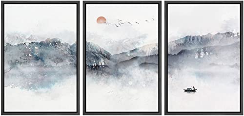 NWT Framed Canvas Print Wall Art Set Watercolor Pastel Mountain Ocean Boat Landscape Abstract Shapes Illustrations Decorative Calm/Zen Multicolor for Living Room, Bedroom, Office - 16"x24"x3 Black - color: A002-2207-yuk23, size: 16" x 24" x 3 Panels BLACK