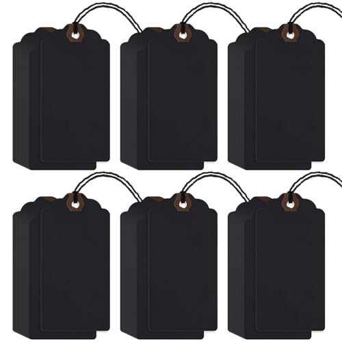 Outus 60 Pcs 4 3/4-in x 2 3/8-in Blank Large Paper Gift Tags with String and Reinforced Eyelet Wire Writable Price Tags Shipping Labels Inventory Labels(Black) - color: Black, size: Solid Style