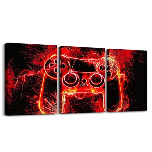 Feelyou Gamer Wall Decor for Living Room Bedroom Wall Art Red Lightning Gaming Wall Painting Wall Artworks Hang Pictures for Office Decor Red Video Game Bathroom Home Decor Posters 12x16 inch 3 Piece - color: Black Red
