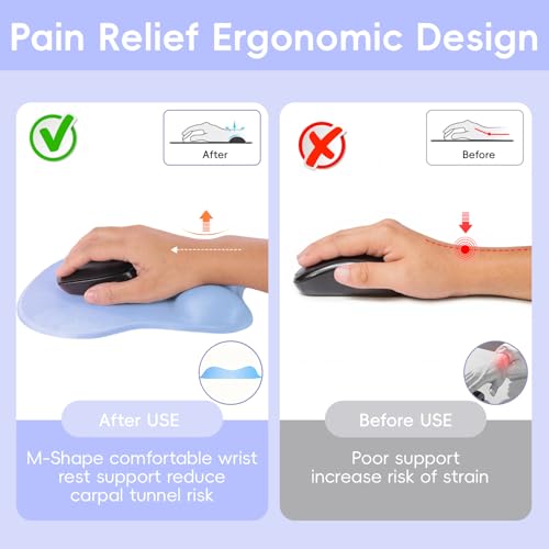 Mouse Pad with Wrist Rest Ergonomic Mouse Pad with Comfortable M-Shape Pain Relief Wrist Support Non-Slip PU Base Mousepad for Laptop, Office & Home (Light Blue Purple) - color: Light Blue Purple