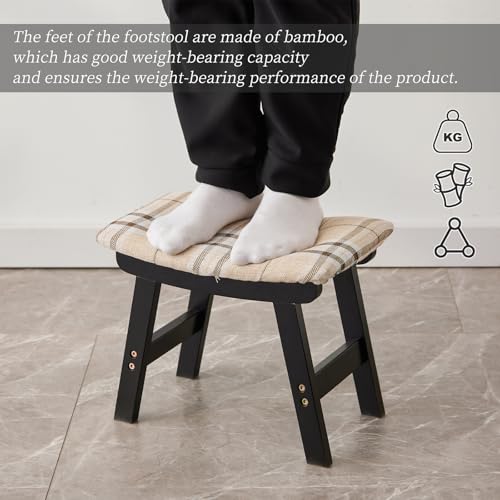 Kitsanery Foot Stool,Ottoman,Bamboo Small Sofa Foot Rest Under Desk,Extra Seating for Living Room, Bedroom and Kitchen (Black Stool Legs - Stripes Surface) - color: Black Stool Legs - Stripes Surface