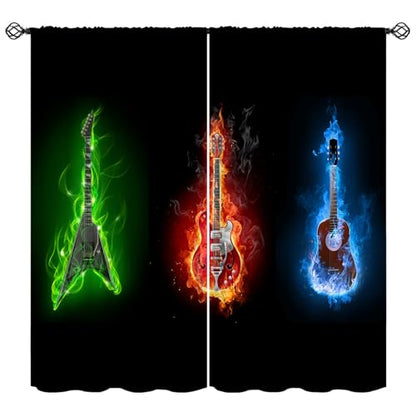 Guitar Curtains, Fire Burning Electric Guitar Rock Music Theme Window Curtains Drapes for Bedroom Living Room Home 42" W X 45" L(No Blackout) - color: Musical-1, size: 20.5"W x 45"L (Pack of 2)