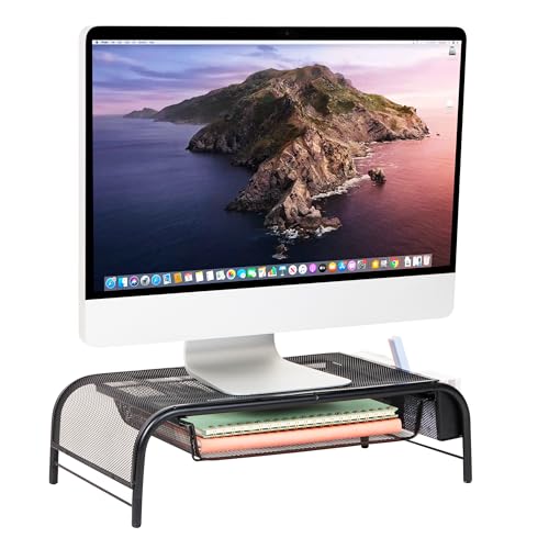 Mind Reader Monitor Stand, Ventilated Laptop Riser, Paper Tray, Storage, Office, Metal Mesh, 20"L x 11.5"W x 5.5"H, Black - color: Black