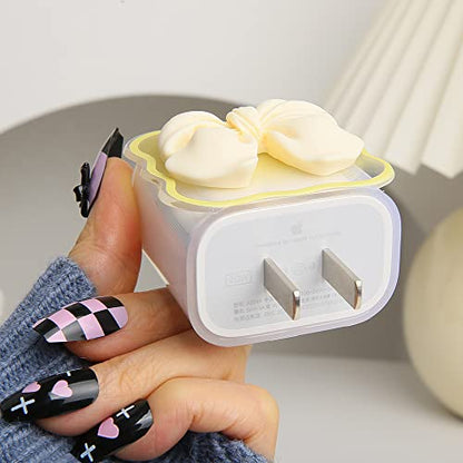 Compatible with iPhone 18W/20W USB-C Charger Cover Cute 3D Bow Tie Design Clear Soft Charger Protector Kawaii Cable Saver for iPhone 11 12 13 14 Pro Max Fast Power Adapter, Beige 2 (5in1) - color: Beige 2 (5 in 1)