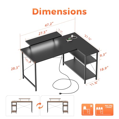 Mericonia Small L Shaped Computer Desk with Power Outlets, Reversible Gaming Desk with Storage Shelves & Monitor Stand, Corner Gamer Desk Table, Study Writing Table - color: Black, size: 48 inch