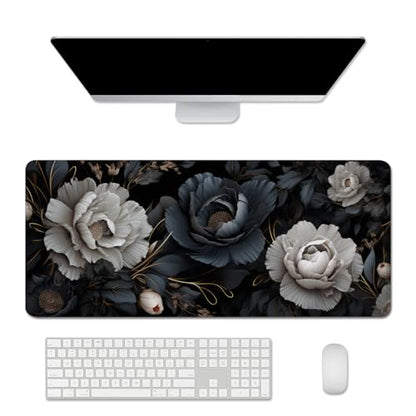 Black and White Mouse Pad,Floral Mouse Pad Desk Mat,Large Mousepad Aesthetic Mouse Pads Desk pad - Non-Slip Stitched Edges & Rubber Base for Office, Gaming Room, Computer, Laptop - color: black and white&floral