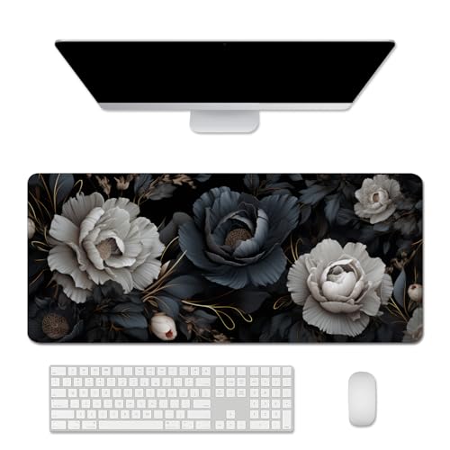 Black and White Mouse Pad,Floral Mouse Pad Desk Mat,Large Mousepad Aesthetic Mouse Pads Desk pad - Non-Slip Stitched Edges & Rubber Base for Office, Gaming Room, Computer, Laptop - color: black and white&floral