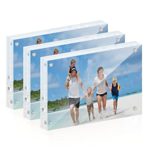 ATZYmolin 4x6 Acrylic Picture Frame 3 Pack, 20mm Thick Magnetic Double Sided Display 20% Thicker- Frameless Clear Transparent Photo Frame for Desktop/Tabletop, Self Standing with Microfiber Cloth - size: 4x6"