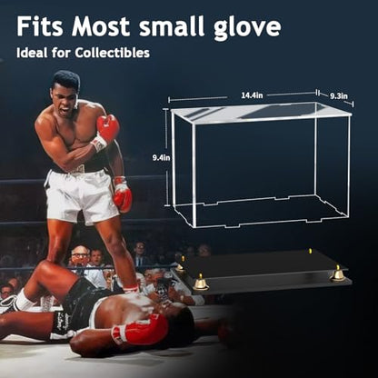 Boxing Glove Display Case, Clear Acrylic Display Box, Self-Assembly Full Size Baseball Glove Holder Showcase, Football Mitt Ball Display Case with Metal Bell Base (14.4x9.3x9.4 inch) - size: 14.4 x 9.3 x 9.4 inch