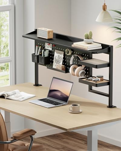 PEGZONE Clamp on Desk Shelf, 44" Desktop Shelving System, Black | with Pegboard and Accessories, Desktop Organizer with 2-Tier Shelf, Desk Pegboard for Office Home Gaming - color: Black