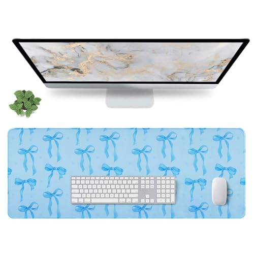 Blue Bows Desk Mat, Large Mouse Pad with Light Blue Background, Girly Computer Mat Keyboard Mat Cute Blue Office Pad for Desktop, Non-Slip Rubber Base, Stitched Edge Laptop Pad for Girls 31.5 x 11.8in - color: Blue, size: 31.5" x 11.8"