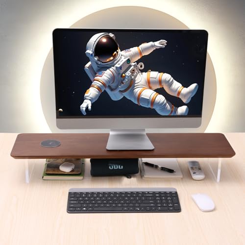 SUIBIAN Elegant Wood & Acrylic Monitor Stand with 15W Wireless Charging – 31.5" Large Desk Riser for Ergonomic View, Desktop Organizer, Laptop & PC | Modern Floating Design(Walnut Wood) - color: Walnut Wood