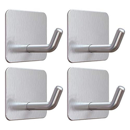 VIS'V Adhesive Hooks for Shower Wall, Heavy Duty, Silver, 4 Pcs | Metal Material, Compact Design, Peel and Stick, 2 Extra Adhesive Strips, for Bathroom Kitchen Livingroom Office RV - color: Silver