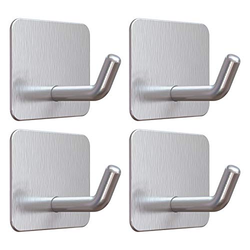 VIS'V Adhesive Hooks for Shower Wall, Heavy Duty, Silver, 4 Pcs | Metal Material, Compact Design, Peel and Stick, 2 Extra Adhesive Strips, for Bathroom Kitchen Livingroom Office RV - color: Silver