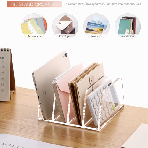 YUXUN Acrylic File Sorter,6.9"x6.6"x3.74",4 Sections Vertical Desk Organizer,Clear Mail Organizer File Holder Stand Rack Desk Accessories for Mail,Envelope,Letter,Notebook for Home/Office/Classroom - style: 4-Section,A5