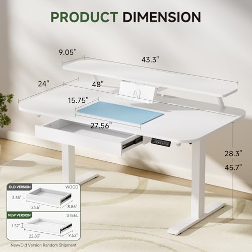 GTPLAYER Electric Standing Desk with Drawers, 48 x 24 Inches Height Adjustable Computer Desk with Monitor Stand, Laptop Stand, Sit Stand up Desk with Memory Preset for Home, Office, White - color: White, size: 48 x 24 Inches