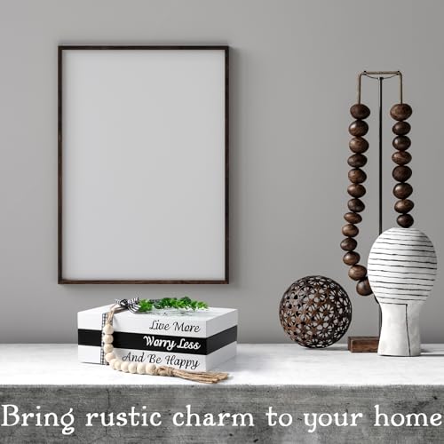 Capoda 3 Pcs Decorative Books for Home Decor Farmhouse Faux Stacked Books Wooden Rustic Table Decor with Bead Garland Twine Ribbon Faux Leaf for Table (Smile) - style: Smile