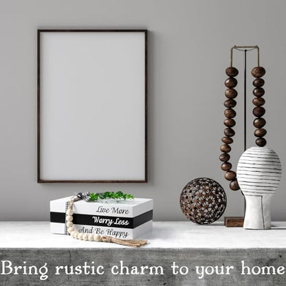 Capoda 3 Pcs Decorative Books for Home Decor Farmhouse Faux Stacked Books Wooden Rustic Table Decor with Bead Garland Twine Ribbon Faux Leaf for Table (Smile) - style: Smile