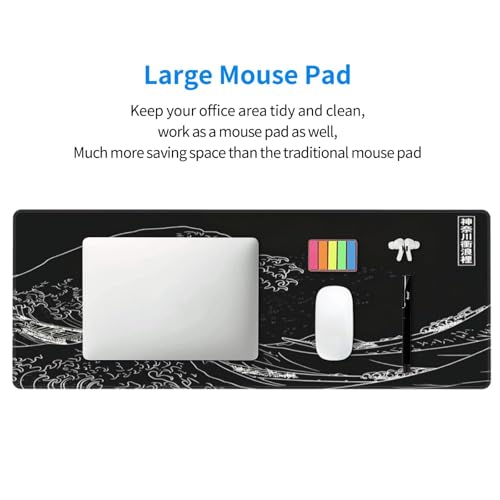 Japanese Gaming Mouse Pad Black Mouse Pad Kanagawa Large Mousepad Non-Slip Rubber Base Waterproof with Stitched Edges for Gaming Office Home, 31.5x11.8x0.12 Inch (Black Wave) - color: Kanagawa Wave, size: 31.5Lx11.8W inches