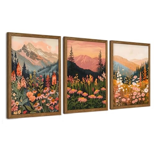 InspiredHues Colorful Landscape Boho Canvas Wall Art Set, 3 Piece Wildflower Mountain Wall Decor, Vintage Floral Rustic Nature Artwork Prints for Living Room Bedroom Office 12x16 Inch Wood Framed - color: Landscape, size: 16"L x 12"W