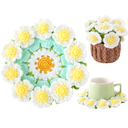 Flower Crochet Coasters, Handmade Bouquet Blanket Coaster with Crochet Plant Pot Fun Soft Decorative Drink Coasters for Coffee Tabletop Protection and Home Decor (Mint Green and White, 1Pc) - color: Mint Green and White, size: 1Pc